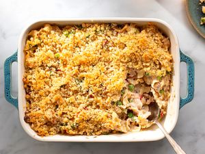 No-soup tuna noodle casserole in a casserole dish with a spoon 