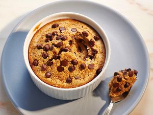 Blended Baked Oats in a ramekin with a spoon 