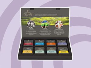 Taylors of Harrogate Classic Tea Variety Box displayed on a two tone purple patterned background