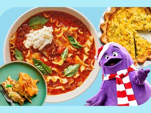 A photo composite of a bowl of lasagna soup, a plate with chicken cobbler on it, a quiche, and McDonald's Grimace