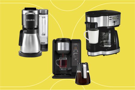 Collage of dual coffee makers we recommend on a yellow background