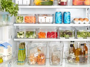 fridge organized using The Spruce and Lowe's organization line