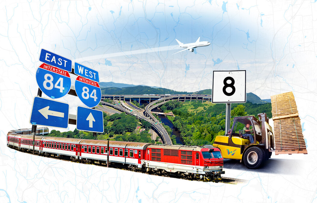 Graphic of a train, forklift, airplane taking off, the Mixmaster highway area and signs for I-84 and Route 8