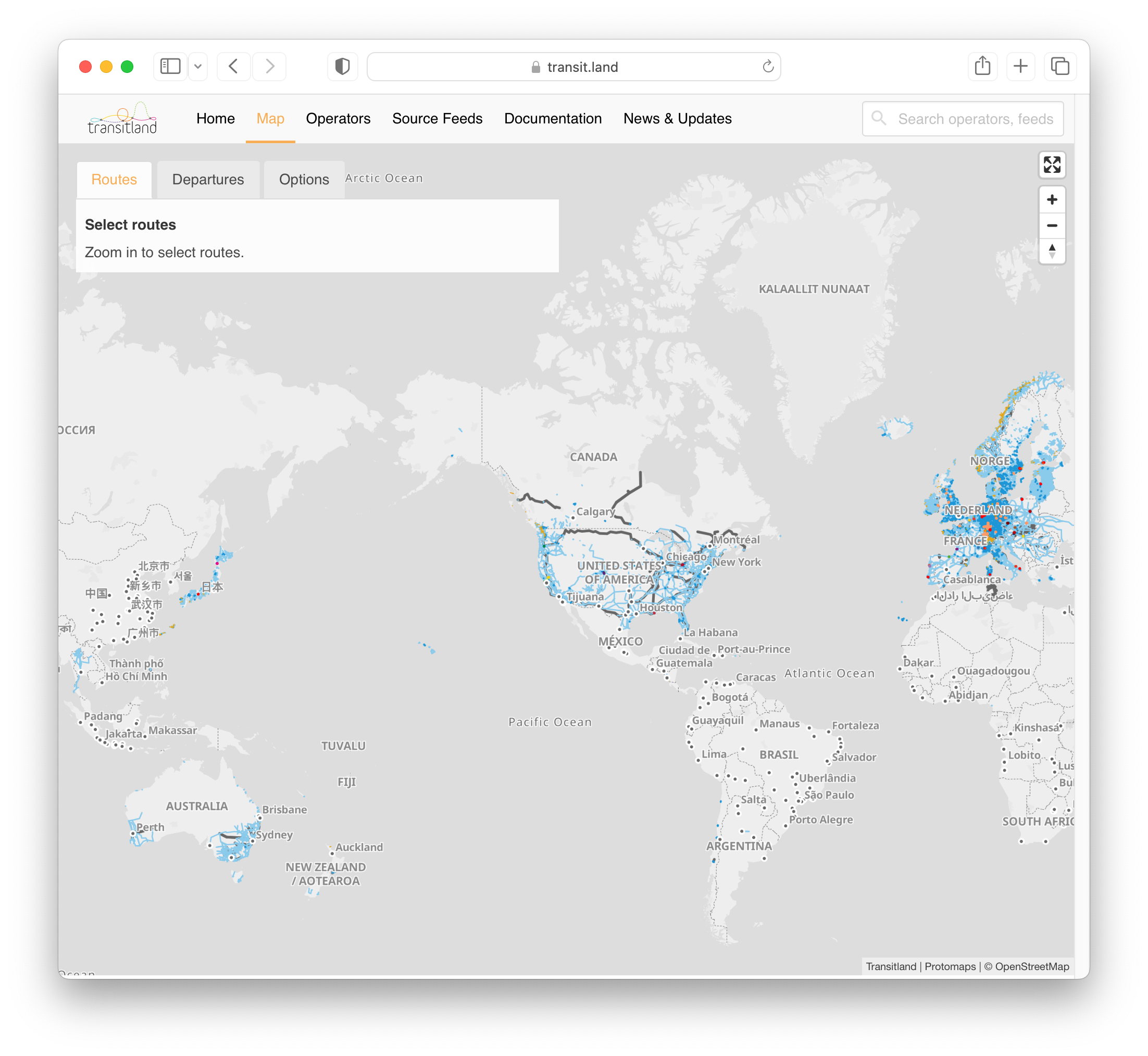 screenshot of Transitland's global transit map