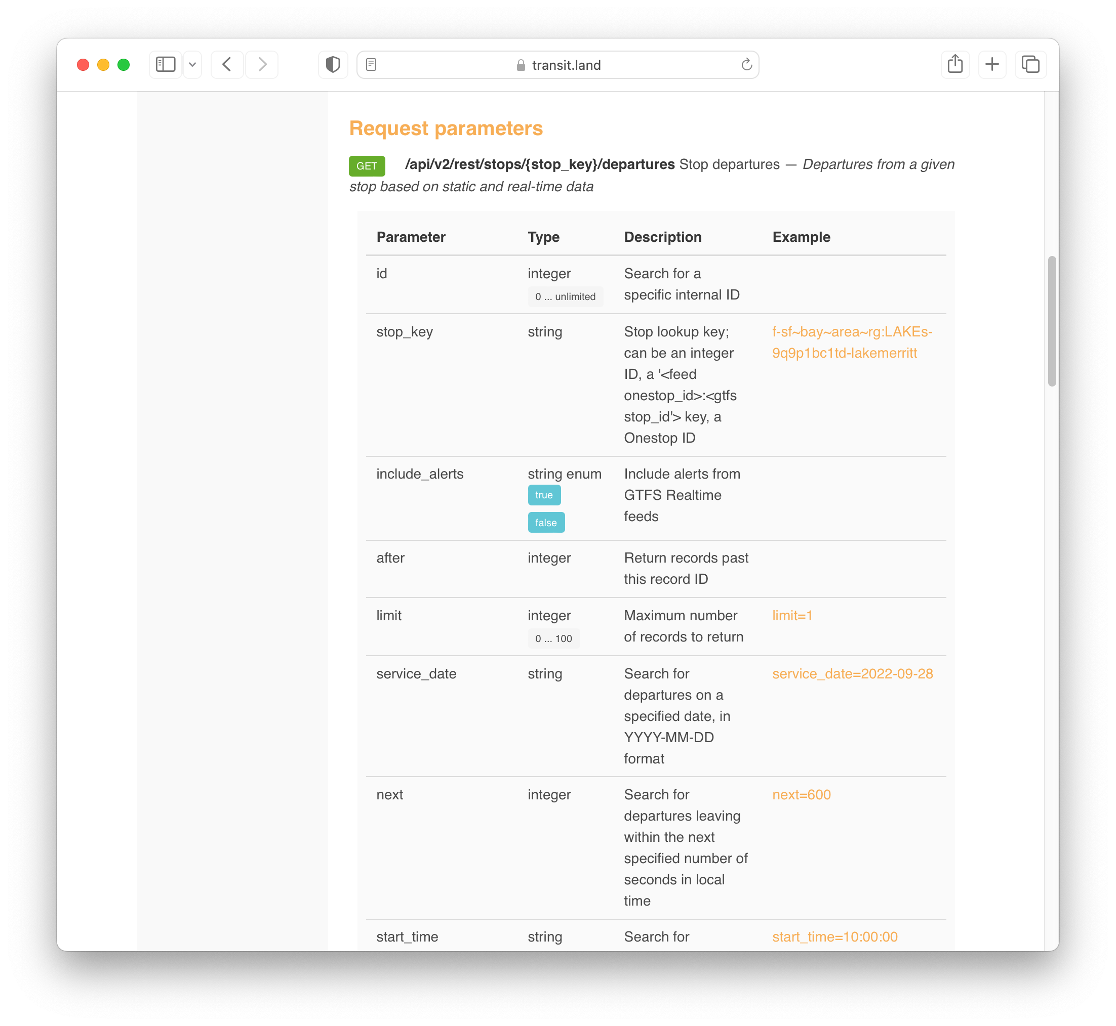 screenshot of Transitland REST API documentation