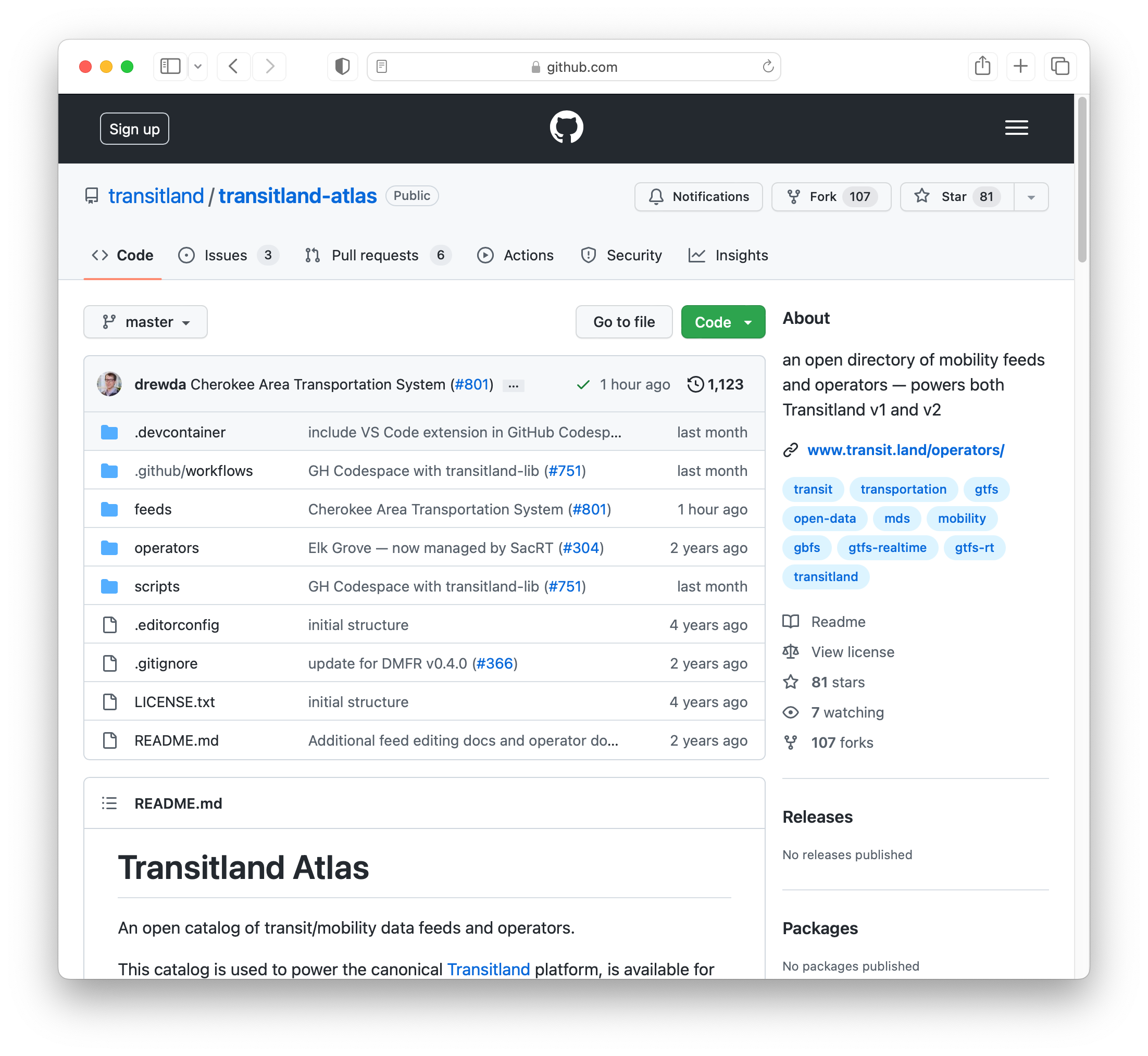screenshot of Transitland Atlas repo