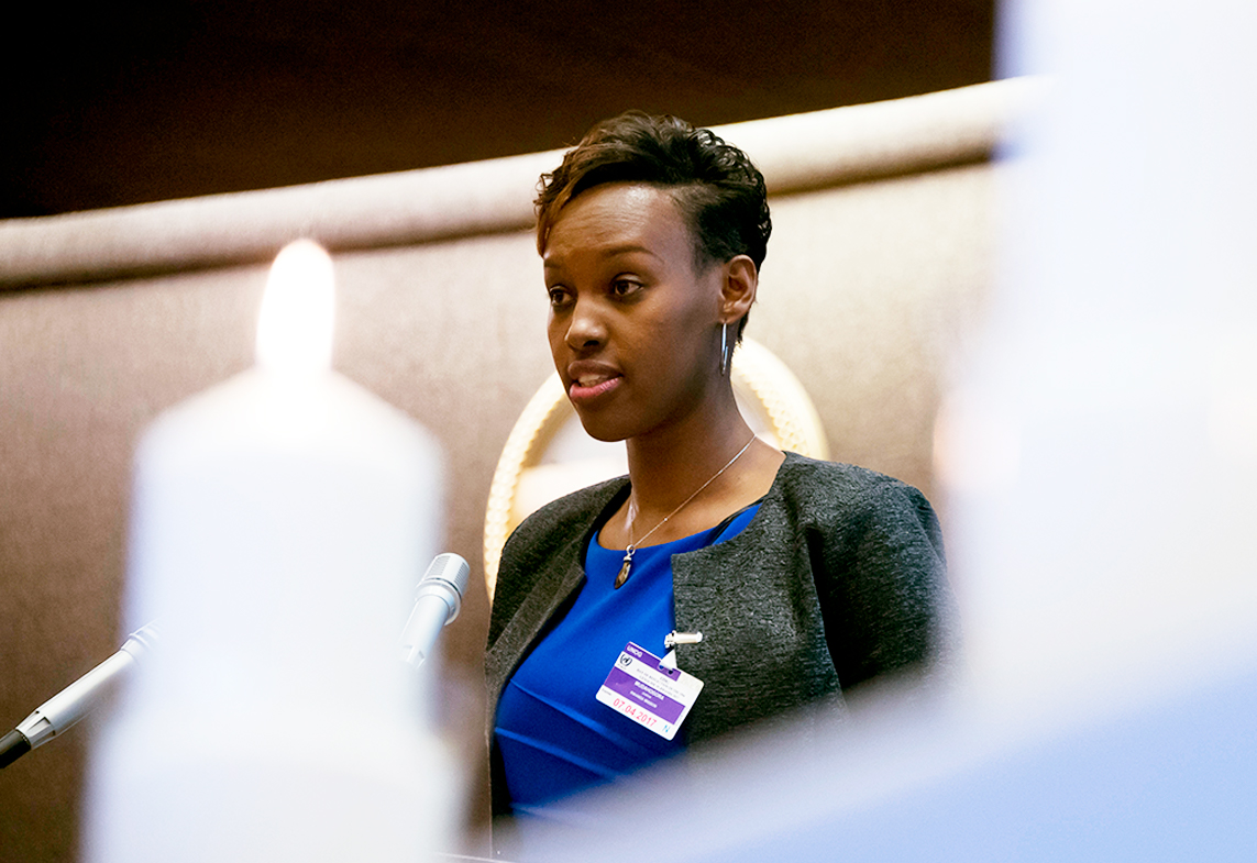 Justine Mudahogora, survivor of the 1994 genocide, during the UNOG commemoration.