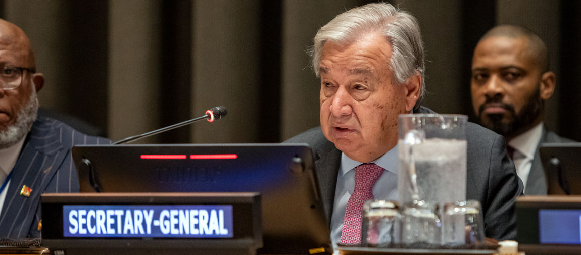 Secretary-General António Guterres addresses the High-level plenary meeting on addressing the existential threats posed by sea-level rise. UN Photo/Laura Jarriel