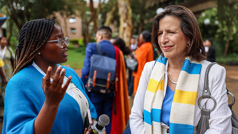 Terry Otieno, Co-chair of the Intergenerational and Youth Subcommittee, interviews USG Melissa Fleming