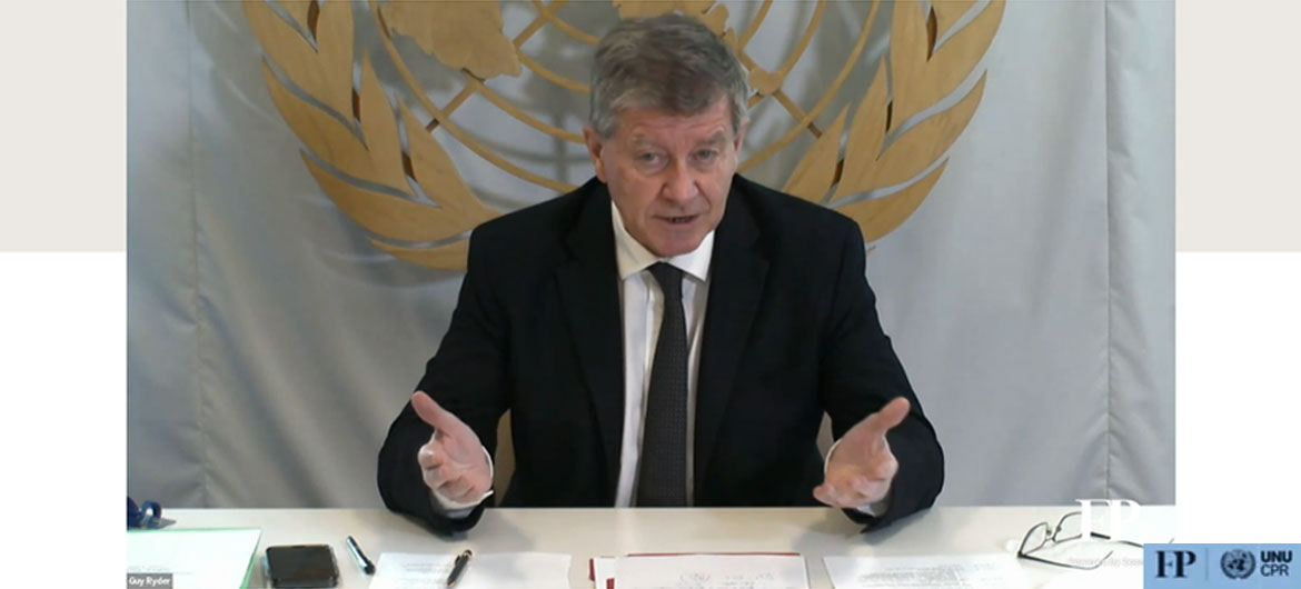 screen shot of a video with Mr. Guy Ryder speaking