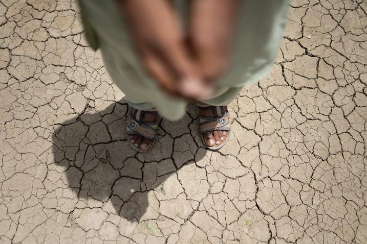 Kid's feet on a dry soil 