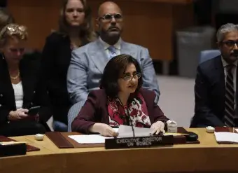 UN Executive Director Sima Bahous delivers remarks at the UN Security Council Open Debate on Women, Peace and Security, 20 October, 2022. Photo: UN Women/Ryan Brown