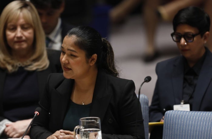 Wai Wai Nu, Founder and Executive Director of Women’s Peace Network, speaks at the United Nations Security Council Open Debate on Women, Peace and Security. Photo: UN Women/Ryan Brown