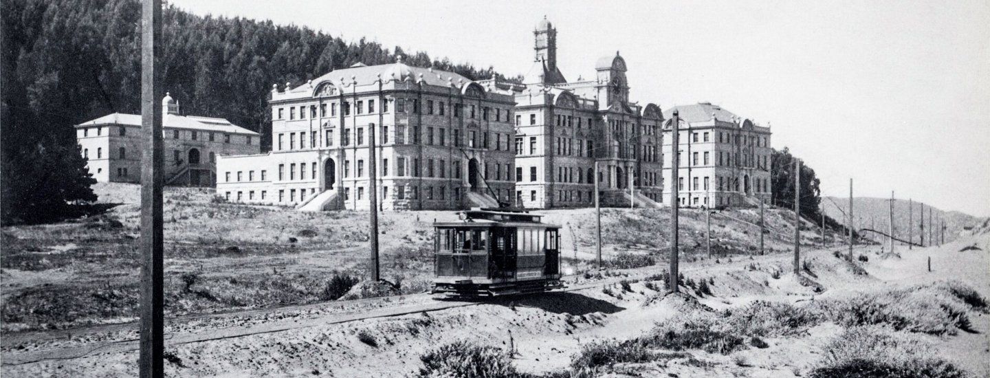 streetcar going in front of Parnassus building circa 1910