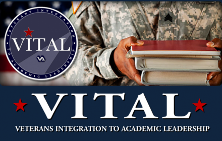 Soldier holding books with VITAL Veterans Integration to Academic Leadership text over image