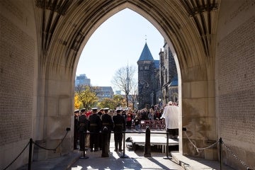 view under soldier's tower during a remembrance day ceremony