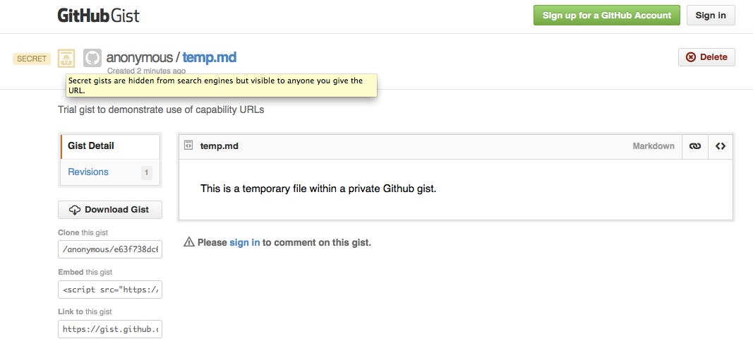 Gist page with a pop-up explaining 'Secret gists are hidden from search engines but visible to anyone you give the URL.'