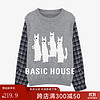 Basic House/百家好假两件猫咪毛衣绵羊毛撞色格子袖拼接上衣秋冬 灰色 L 120-130斤