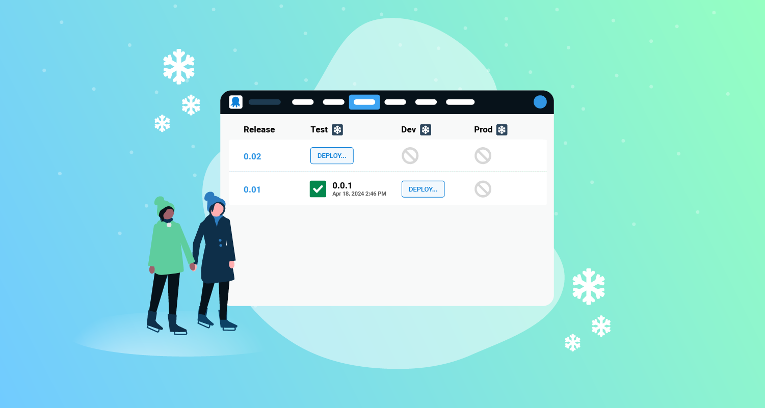 Octopus Deploy dashboard with 2 ice skating characters on a blue to green gradient background with several snowflakes in the foreground