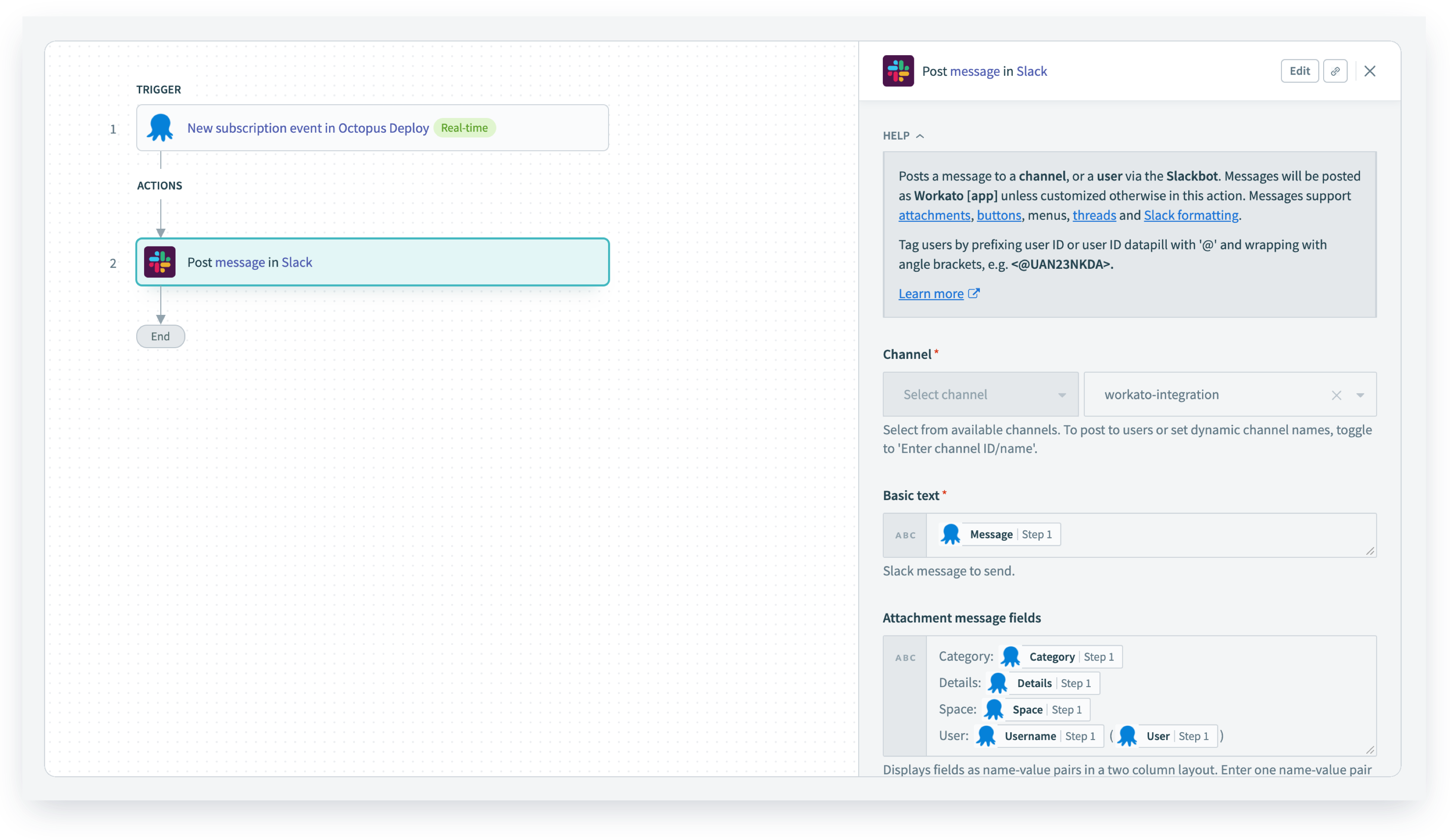 With Workato you can notify a Slack channel when events occur in Octopus