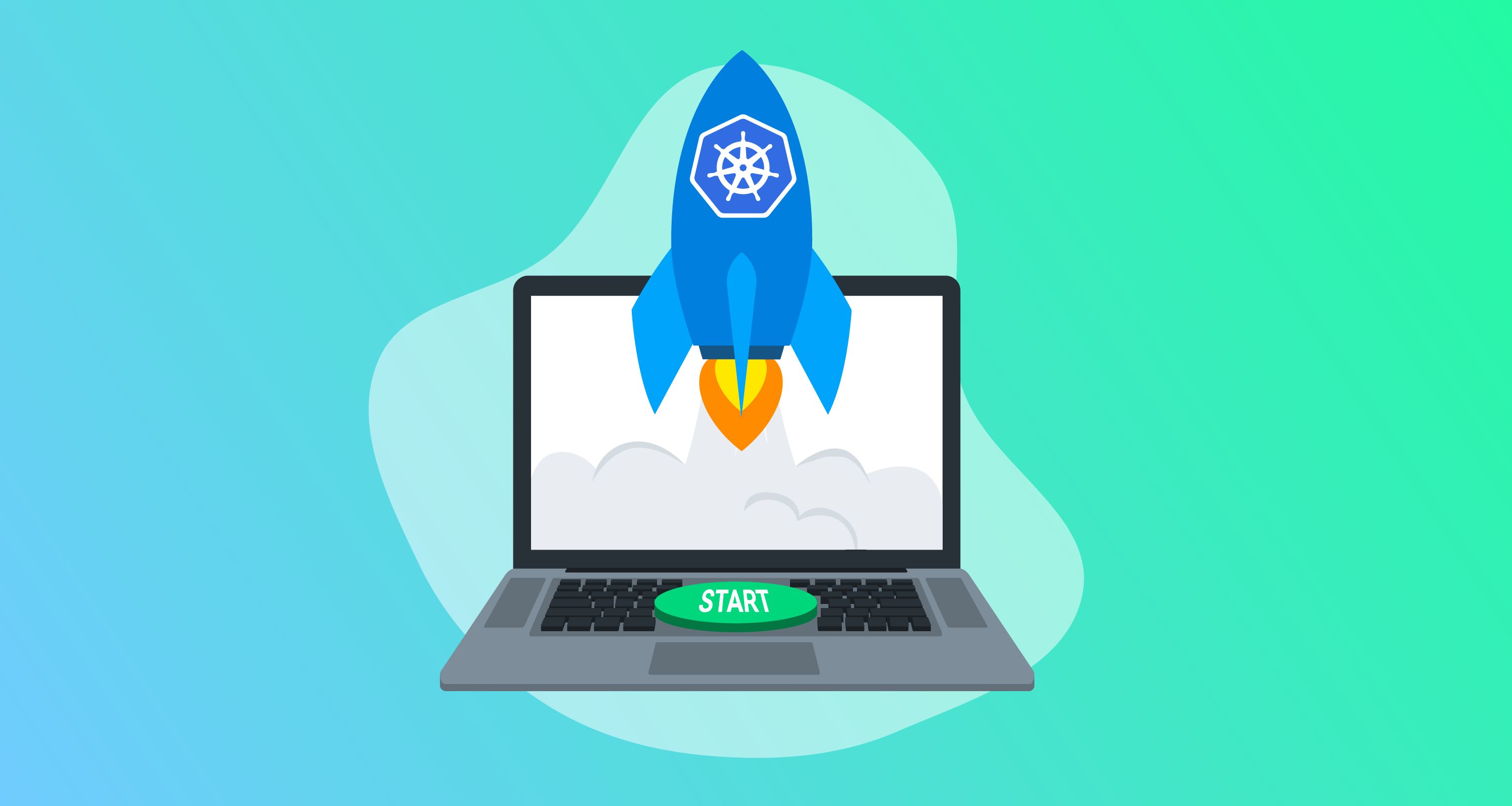 Laptop with a green start button with a blue rocket with a Kubernetes icon launching from the screen