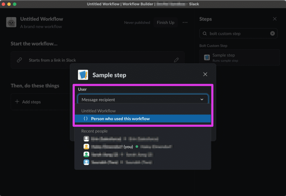 Configuring the sample step's inputs