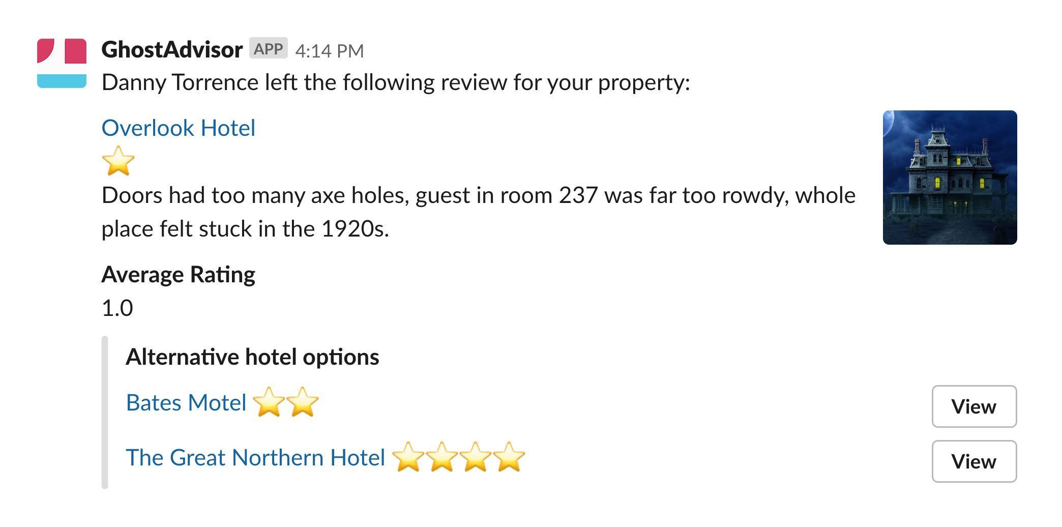 Message with blocks showing a review of a hotel with 1 stars given, and secondary content showing alternative hotel options