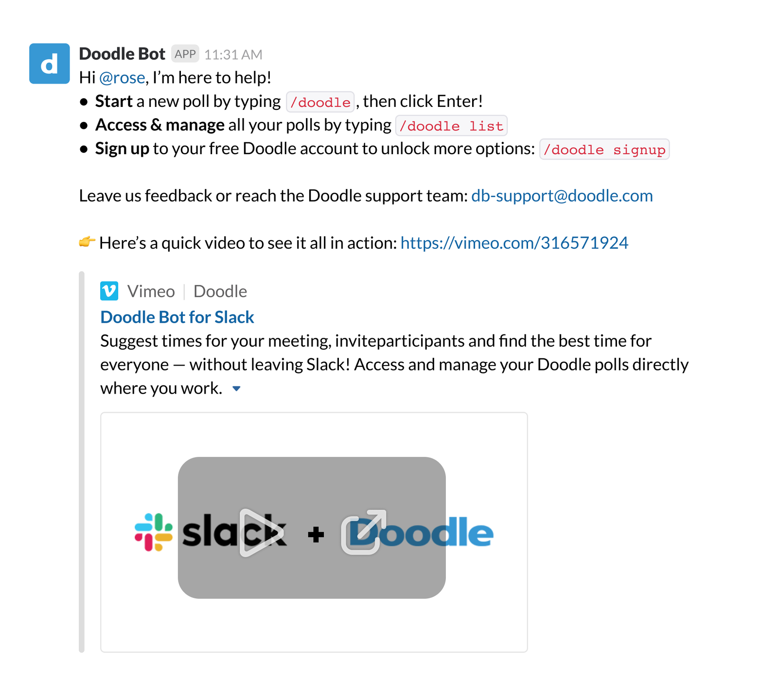 Doodle Bot offering list of helpful tips with embedded video