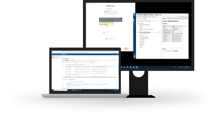 Accessibility Insights for Windows running on a desktop computer and Accessibility Insights for Web running on a laptop