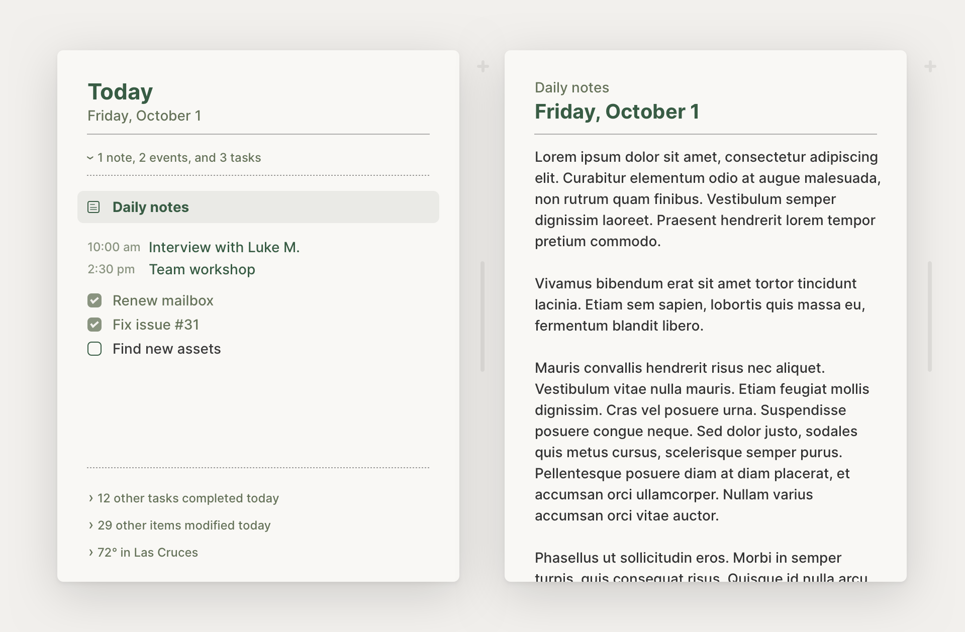 A browsing path with today's items on the left, and a daily note for today on the right.