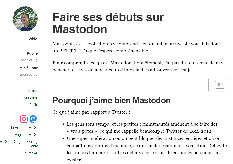 Une capture d'écran d'un article de mon blog, qui tourne actuellement avec le thème "Independent Publisher".