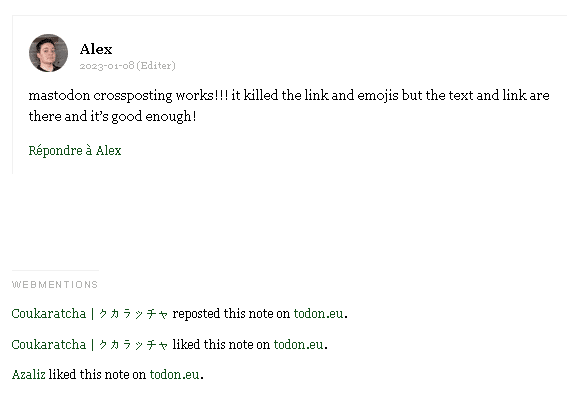 Capture d'écran sous un article, qui montre un commentaire fait par moi, deux likes et un repost sur l'instance todon.eu, là où j'ai crossposté le lien.
