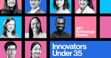 A grid of faces all MIT affiliated in blue and pink boxes with the text Innovators under 35 and MIT Technology Review