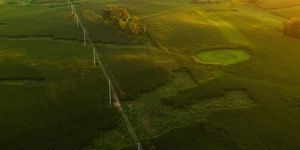 Aerial shot of powerlines and grass fields.