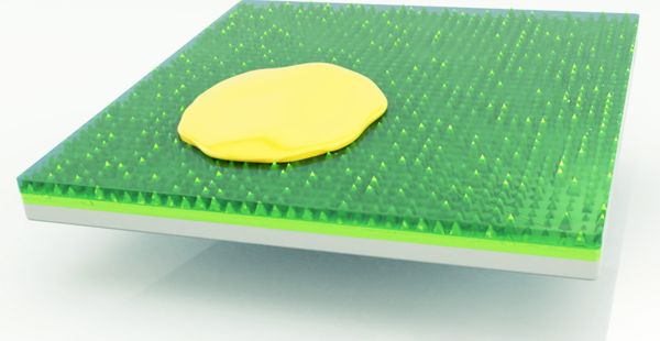 Illustration shows a yellow blob on a square green surface. The green material looks rubbery and appears to have spikes embedded in it.