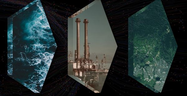 Three photos show the ocean, powerplants, and nature against a dark background.