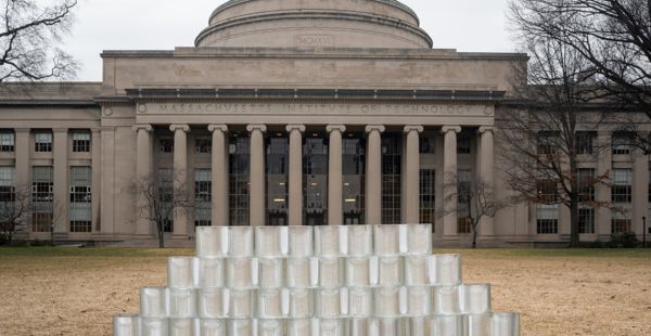 In the middle of Killian Court, a stout pyramid of the glass bricks is four layers tall, and looks about 15 feet across and four feet high.