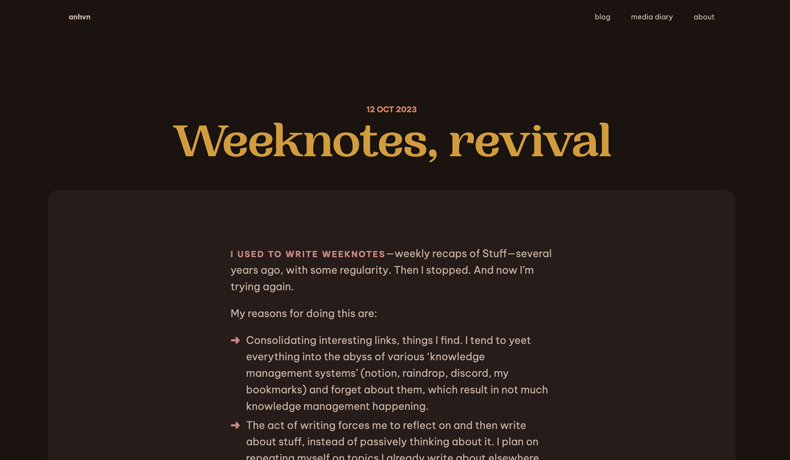 A blog post. The page design features a dark brown palette, with large yellow title text.