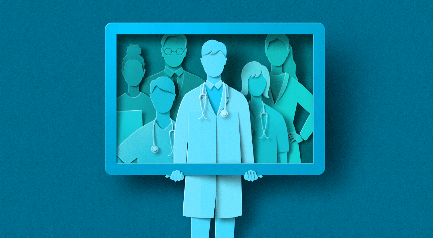 Papercut image of clinicians inside the frame of a digital device