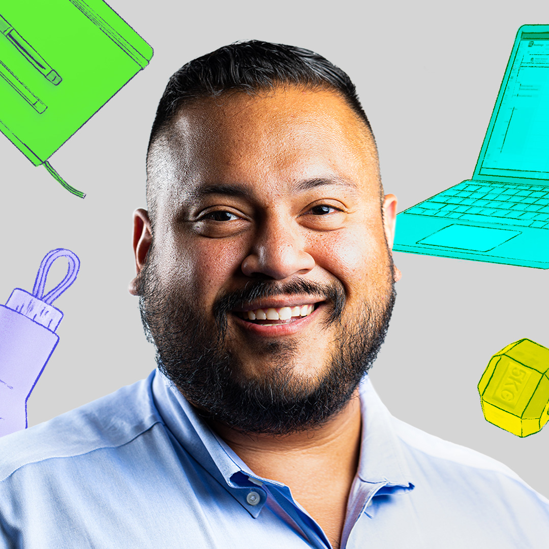 A collage of Alan Morales surrounded by objects like a slice of pizza, a water bottle, and a pen.