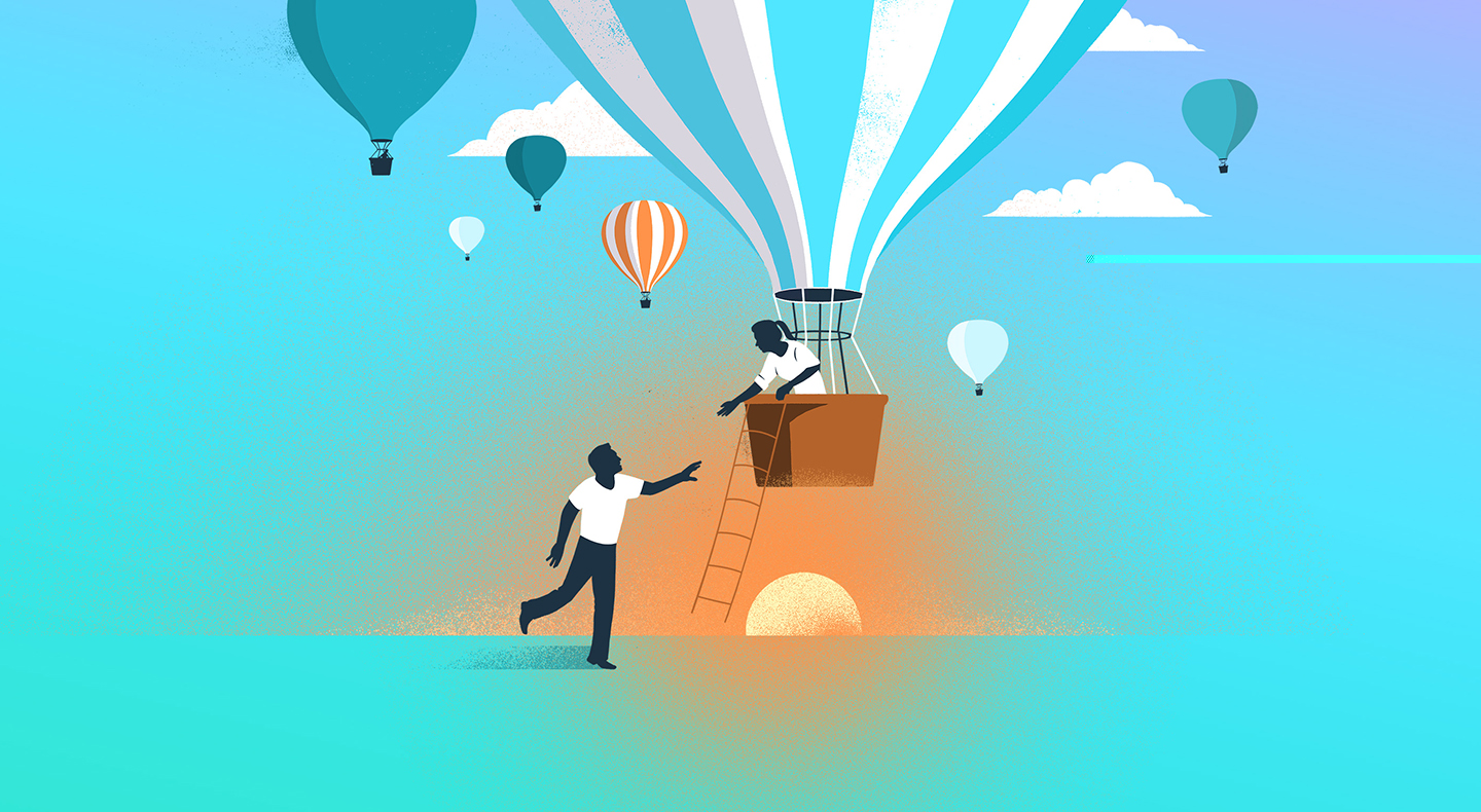 Illustration of hot air balloons ascending into the sky. A person running toward a balloon that is taking off receives a helping hand from another person who is already in the basket of the balloon.