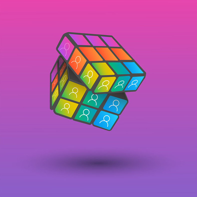 An illustration of a Rubik’s cube, only the squares have outlines of people on them, like a Teams video chat grid.