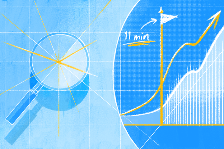 A blueprint-style illustration of a magnifying glass and a conceptual chart showing upward motion