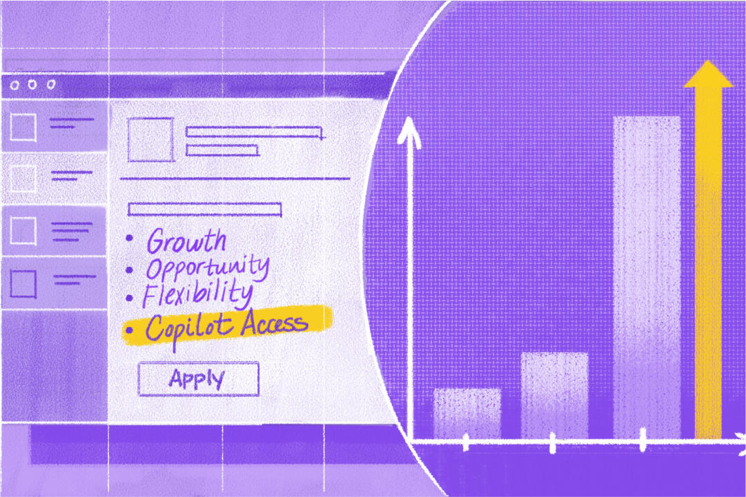 <strong>An illustration showing a job application indicating that the job seeker cares about Copilot access as well as things like growth and opportunity</strong>