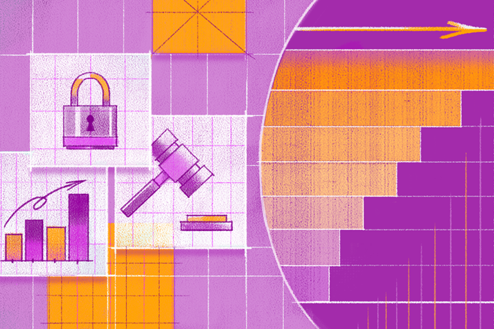 A colorful abstract illustration of icons that represent different professions, including the legal field and cybersecurity. 