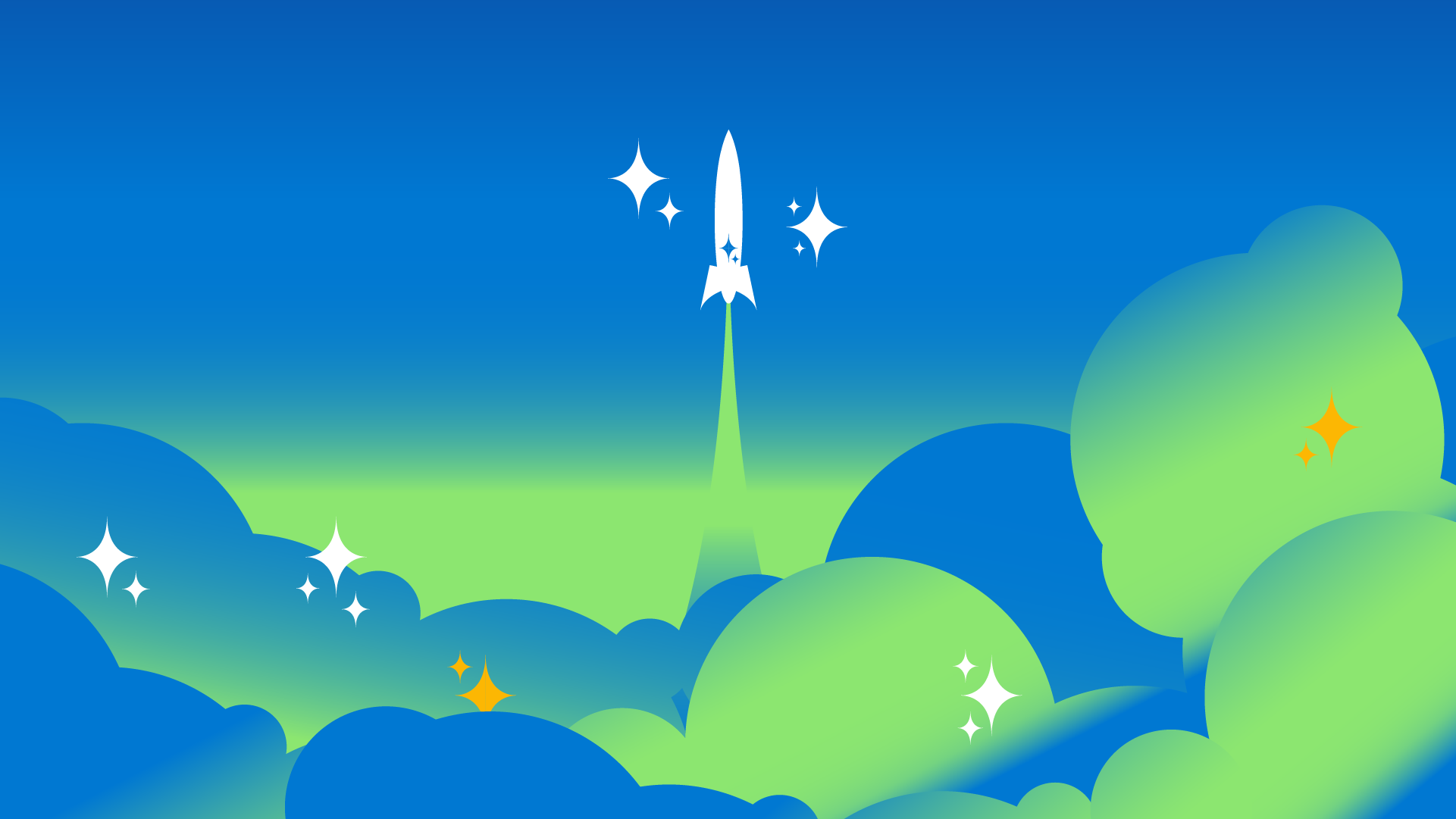 Illustration of a rocket taking off, flecked with AI-style sparkles. 