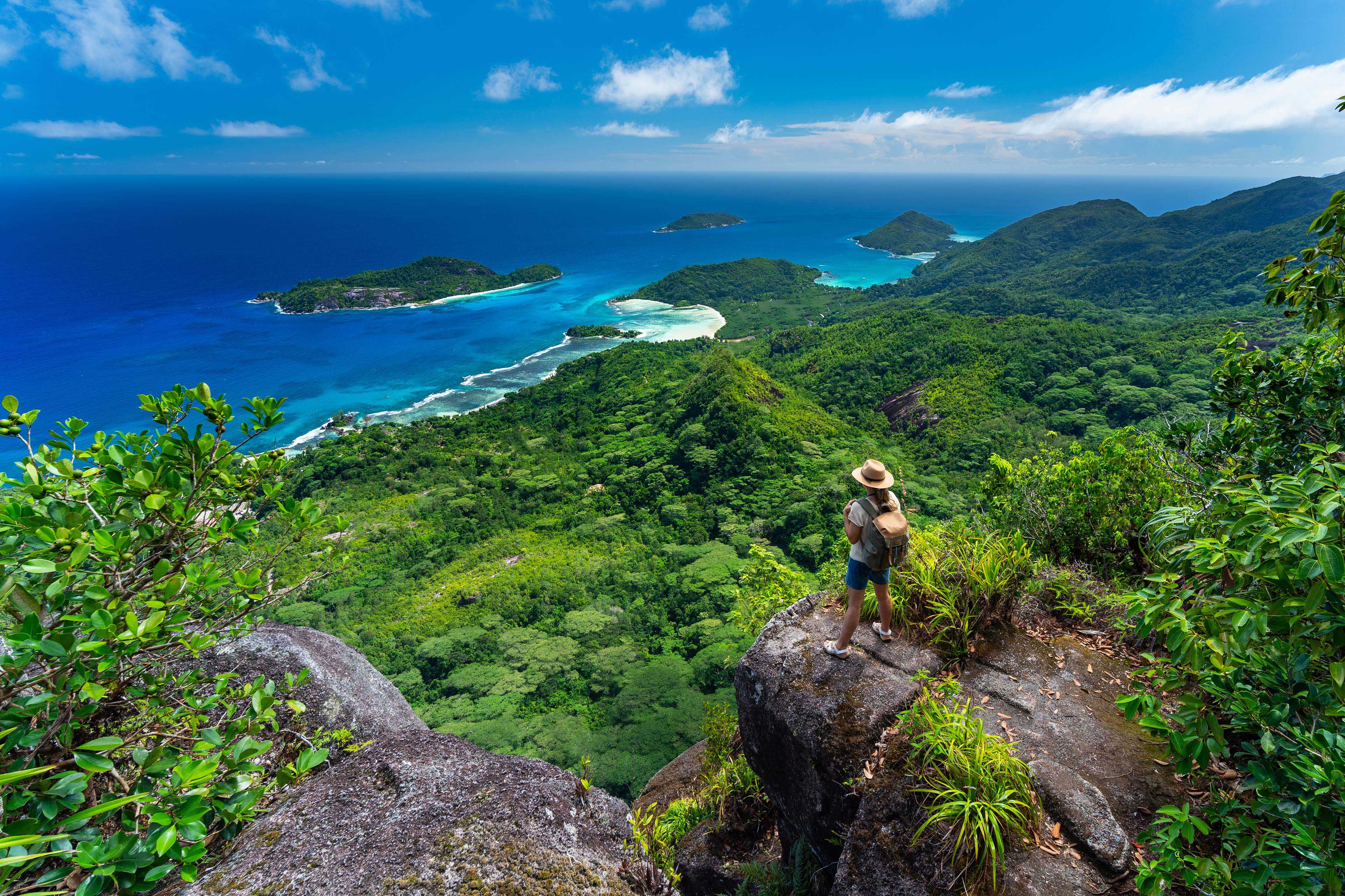 Solo traveller high up on tropical island