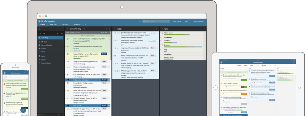 Illustration showing Pivotal Tracker mobile apps for iOS and Android