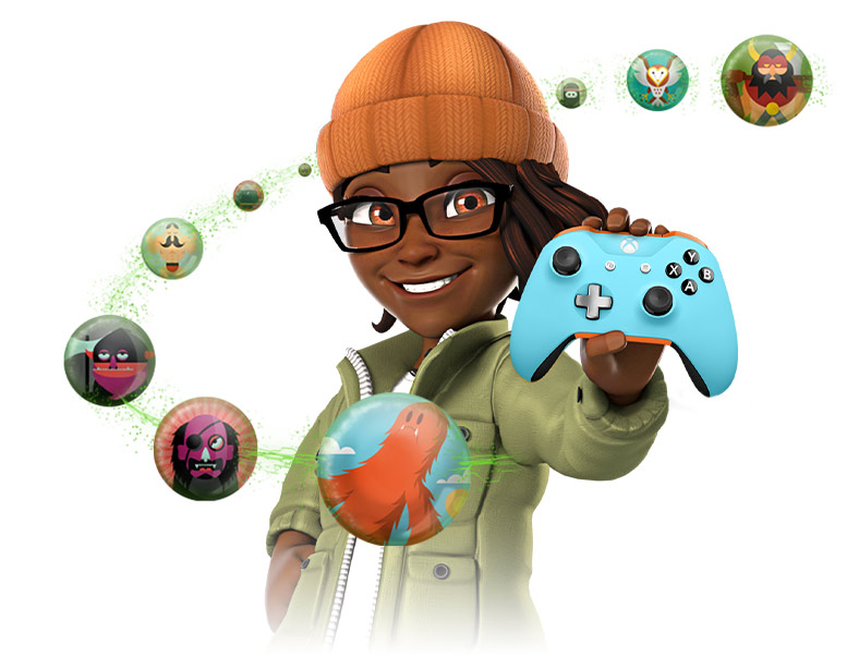 An Xbox Avatar holding a controller next to gamertag profile pictures