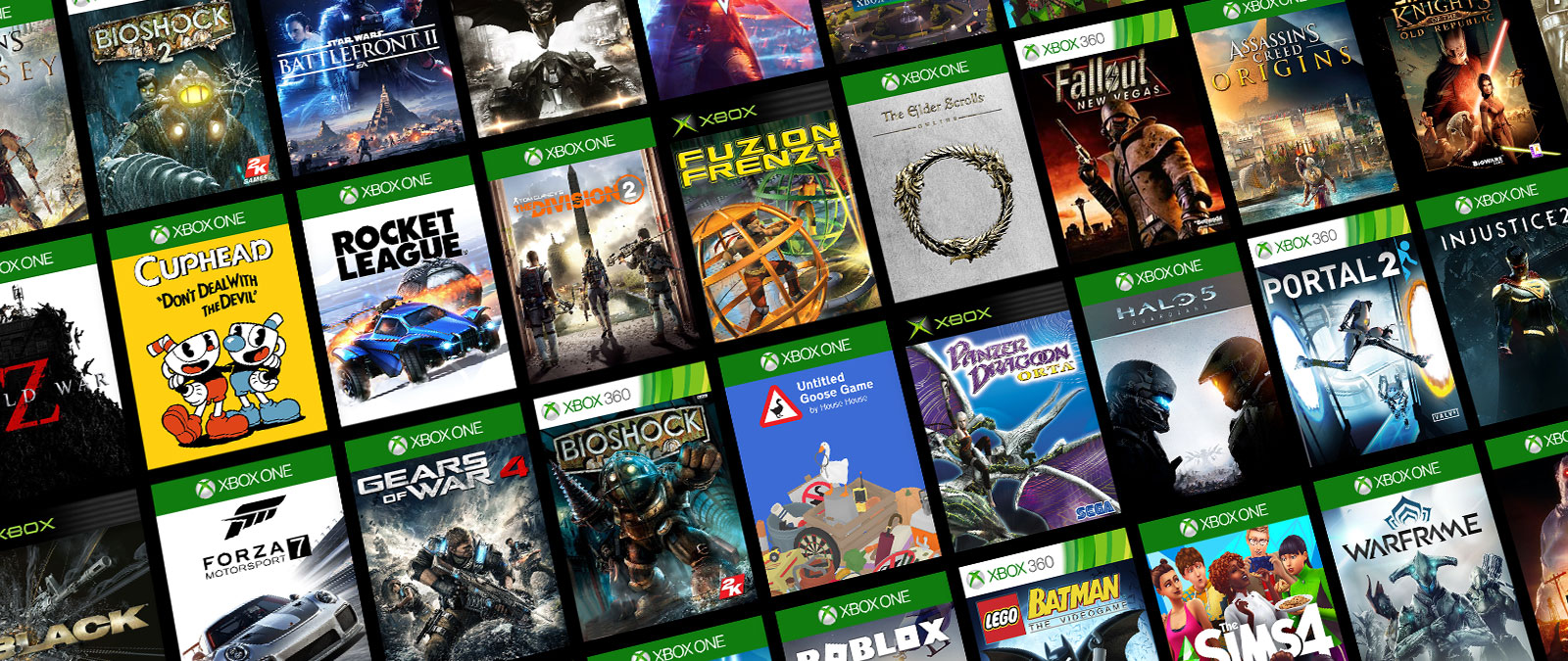 Xbox One-, Xbox 360- és eredeti Xbox-játékok dobozainak gyűjteménye